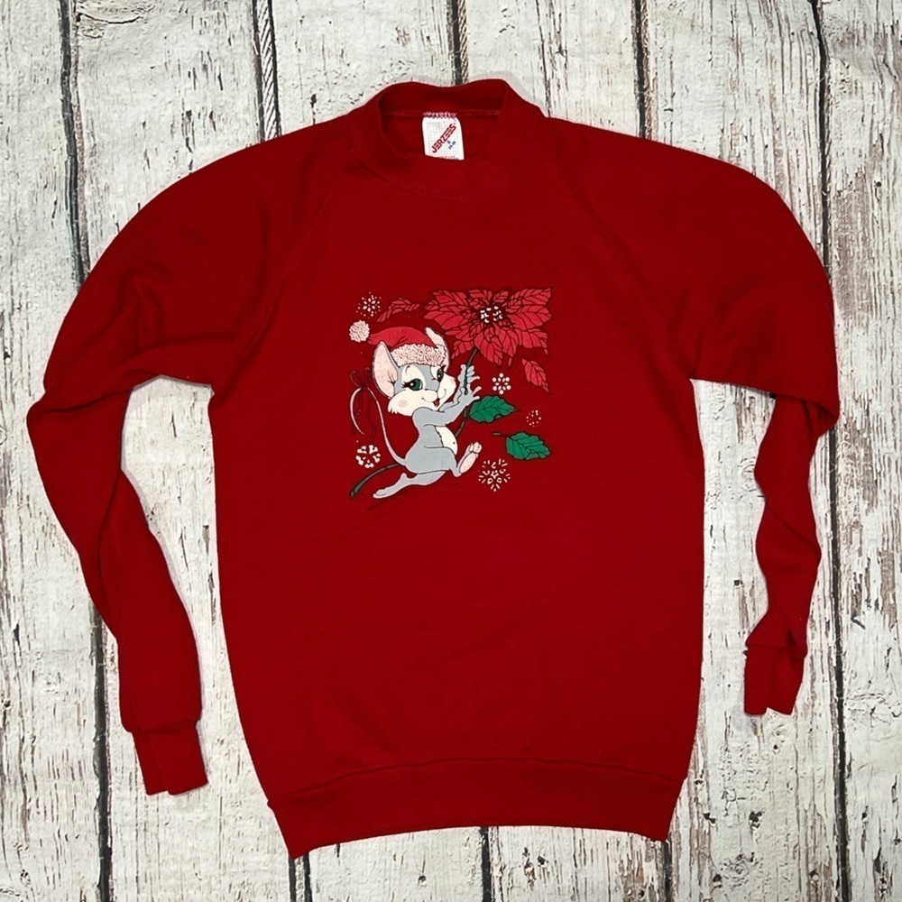 Vintage 1980s Mouse Poinsettia Christmas Ugly Sweater Party Sweatshirt